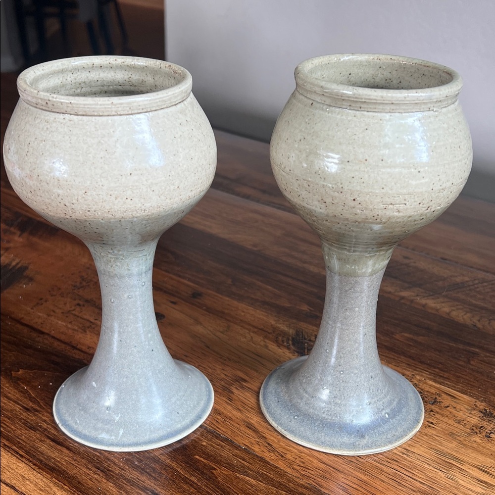 Set of 2 Handmade Studio Pottery 1982 Two Toned Speckled Goblets Chalice